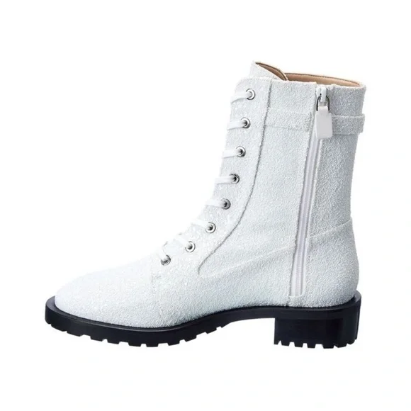 Stuart Weitzman New Crystal Buckle White glitter sparkle Lace-Up combat Boots 9